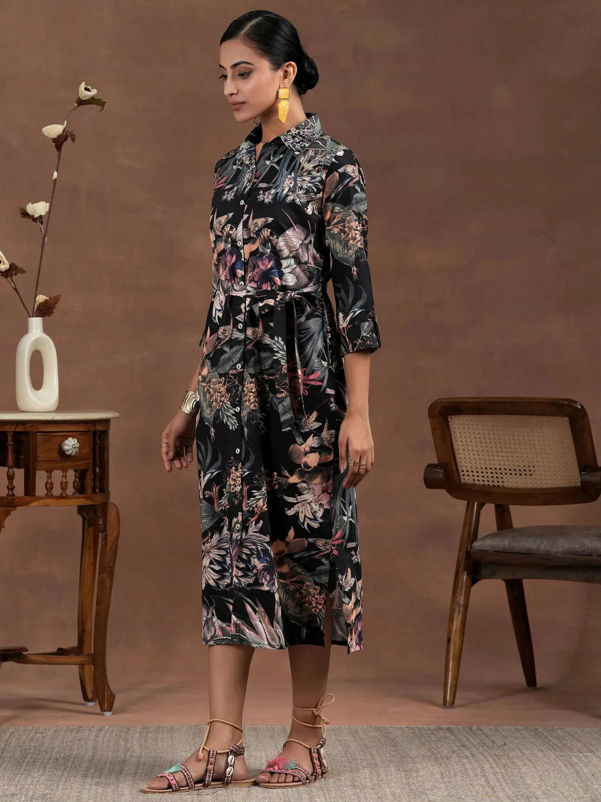 Gerua Black Printed Crepe Shirt Dress With Belt