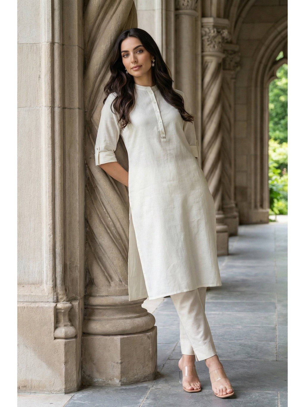 Mandarin Collar Cotton Blend Straight Kurta White | KDG - view 1