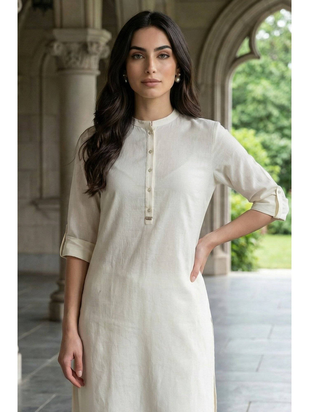 Mandarin Collar Cotton Blend Straight Kurta White | KDG - view 2