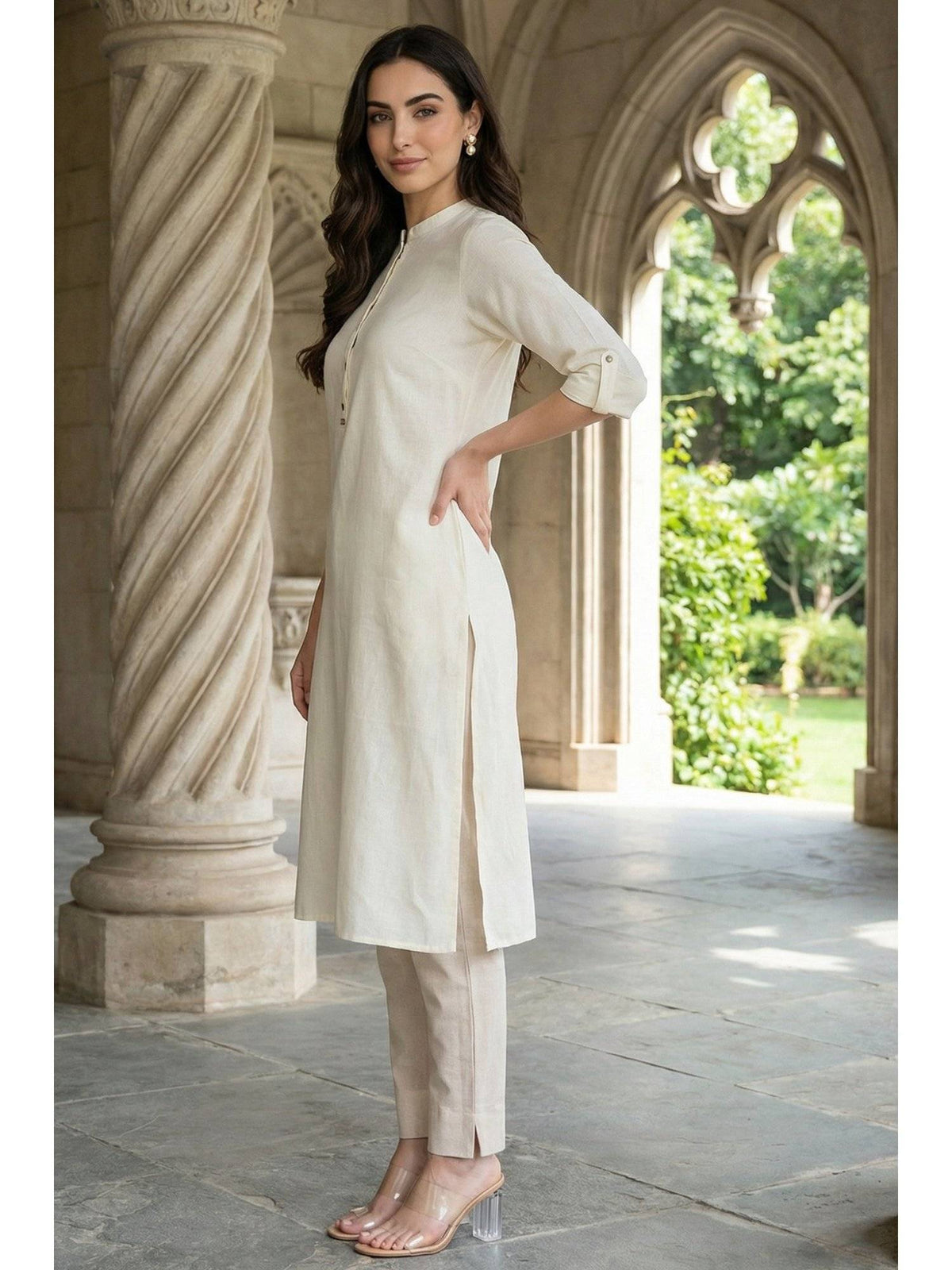 Mandarin Collar Cotton Blend Straight Kurta White | U3S - view 4