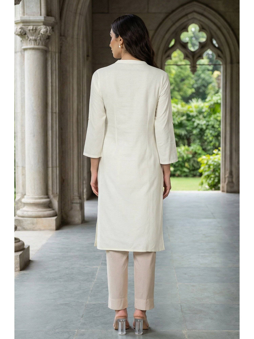Mandarin Collar Cotton Blend Straight Kurta White | KDG - view 5