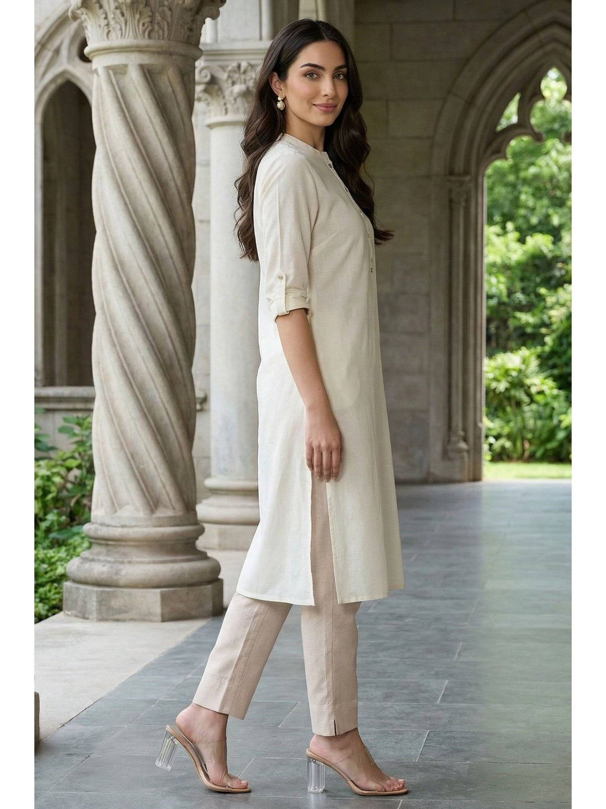 Mandarin Collar Cotton Blend Straight Kurta White | KDG - view 6