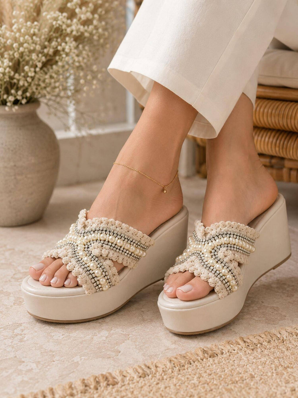Ivory Pearl Bloom Embellished Wedges | H78 - view 1