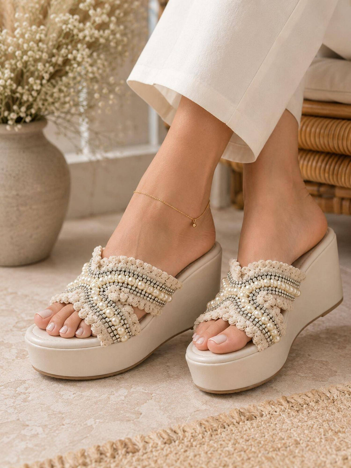 Ivory Pearl Bloom Embellished Wedges | H78 - view 1