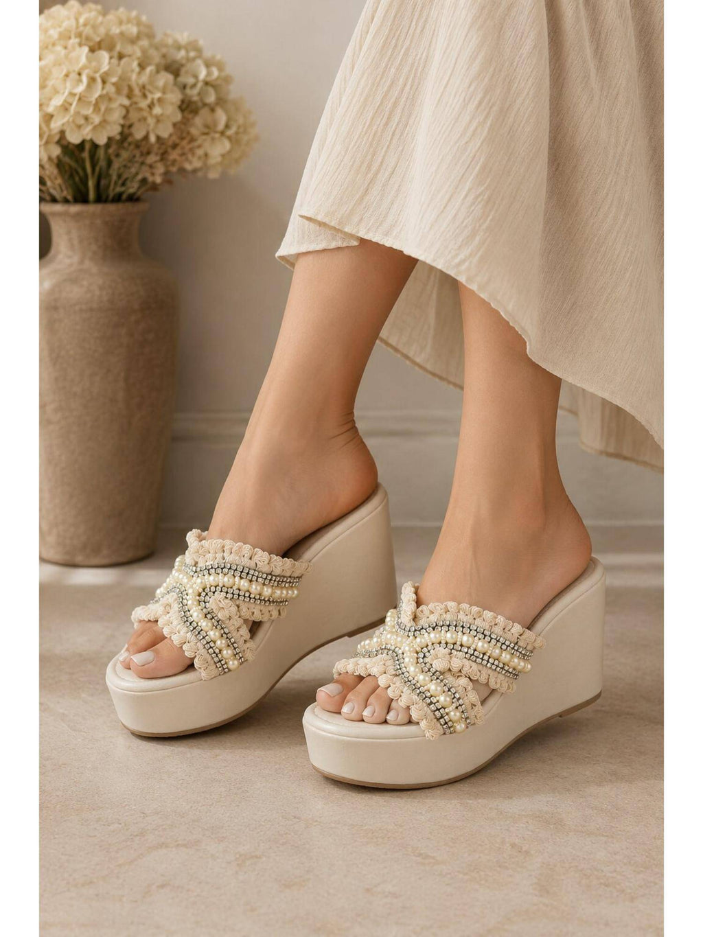 Ivory Pearl Bloom Embellished Wedges | H78 - view 2