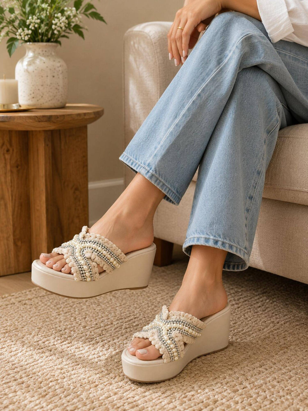 Ivory Pearl Bloom Embellished Wedges | H78 - view 3