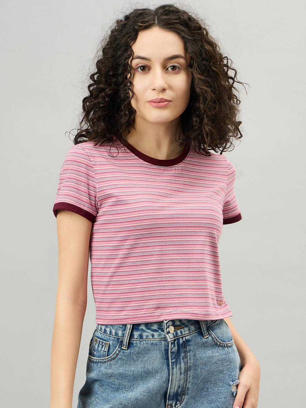 Pink Striped Pattern Round Neck Cotton Top | CT61 - view 1