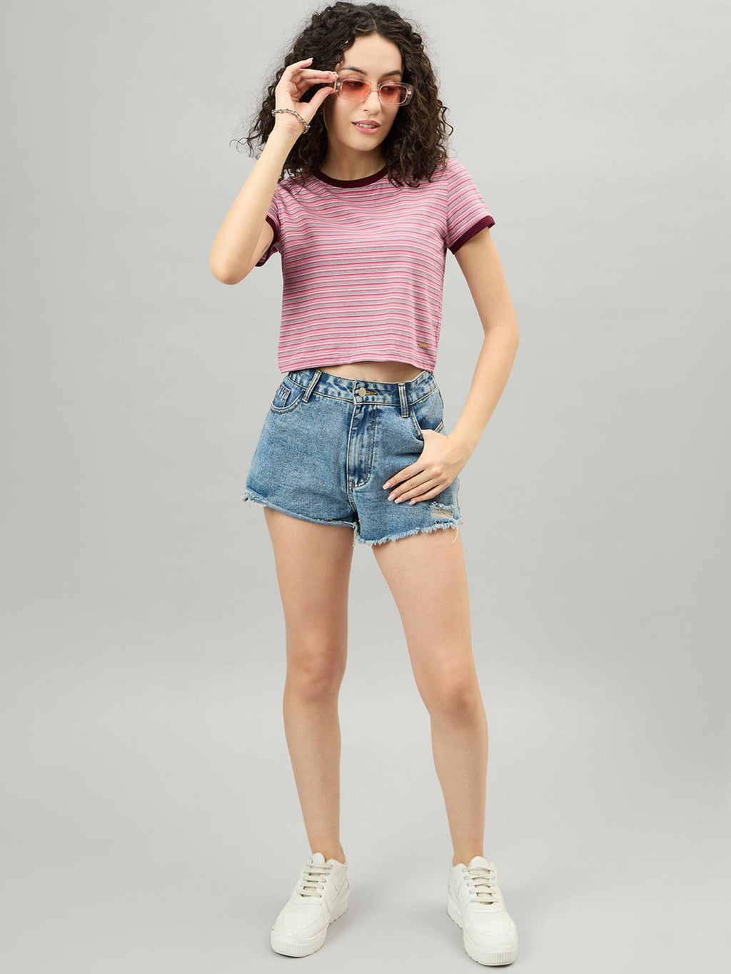 Pink Striped Pattern Round Neck Cotton Top | CT61 - view 2