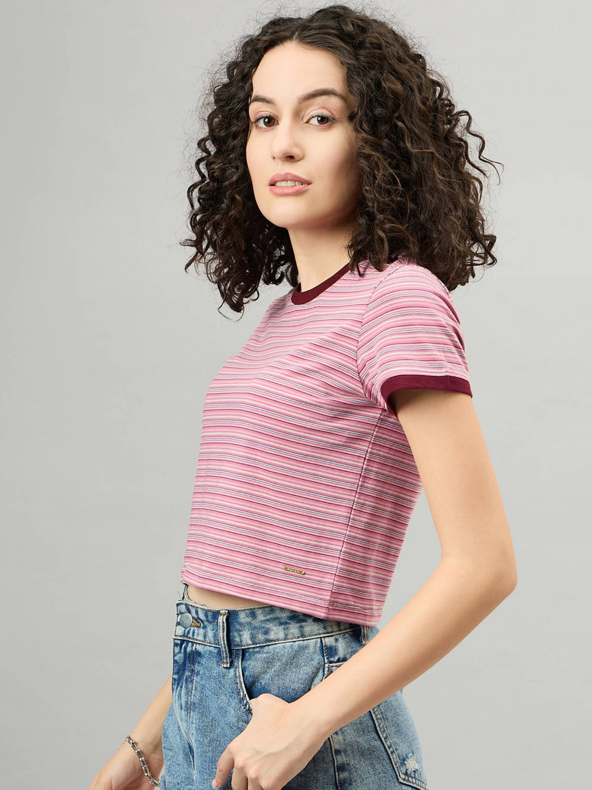 Pink Striped Pattern Round Neck Cotton Top | CT61 - view 3