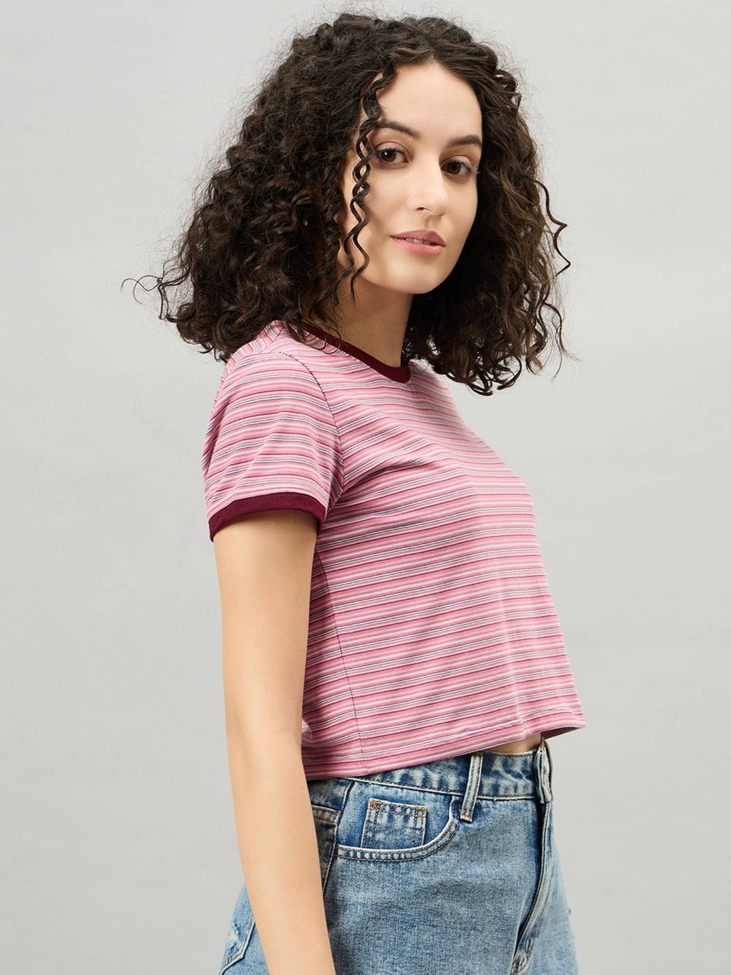 Pink Striped Pattern Round Neck Cotton Top | CT61 - view 4