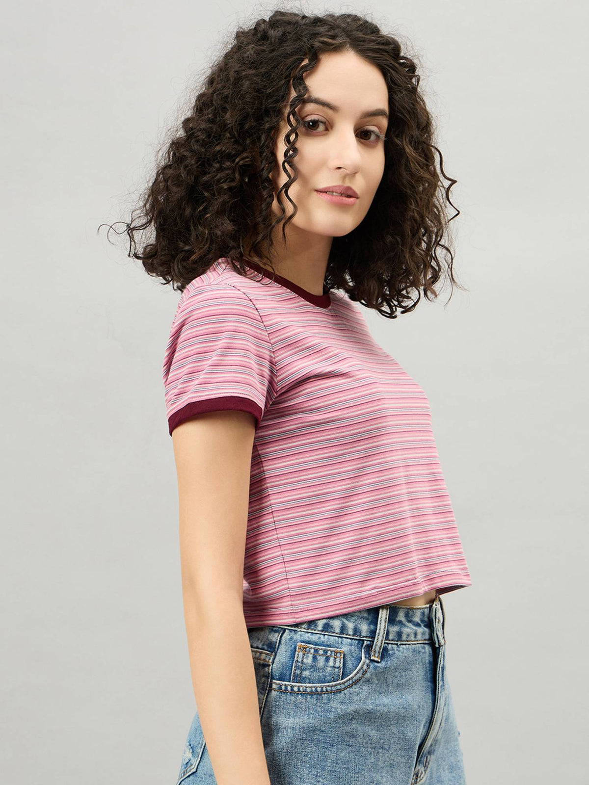 Pink Striped Pattern Round Neck Cotton Top | CT61 - view 4
