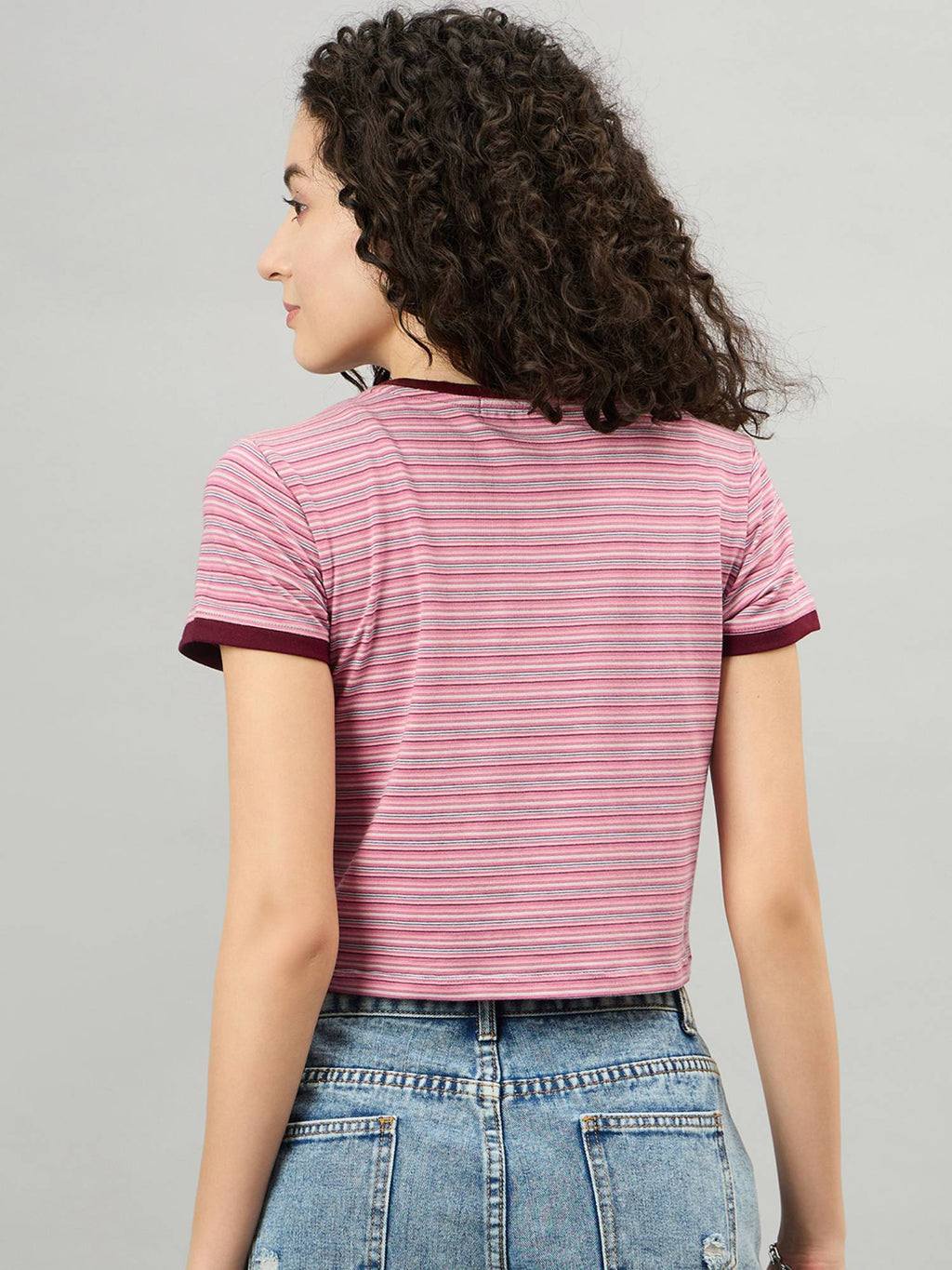 Pink Striped Pattern Round Neck Cotton Top | CT61 - view 5