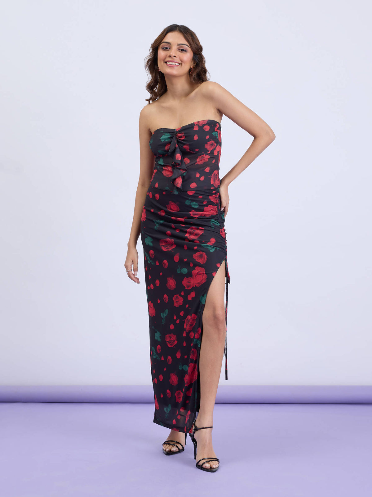 Black and Red Floral Print Ruffled Tube Top | TT90 - view 4