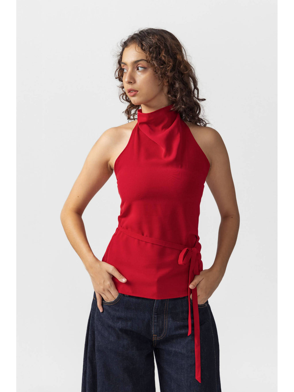 Red Halter Neck Button Up Top | HT67 - view 3