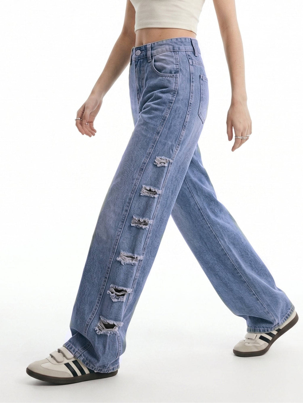 Blue Side Panel Distressed Baggy Fit Denim Jeans | BG78 - view 2