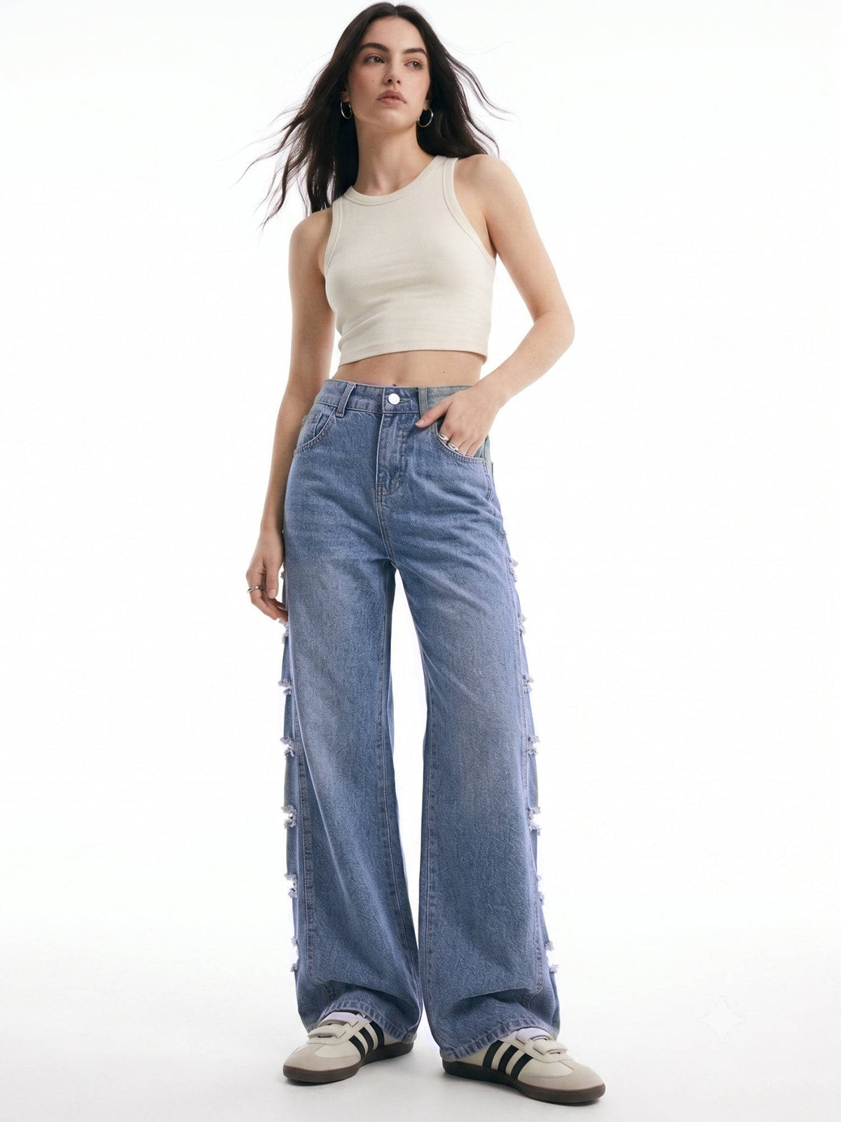 Blue Side Panel Distressed Baggy Fit Denim Jeans | BG78 - view 3