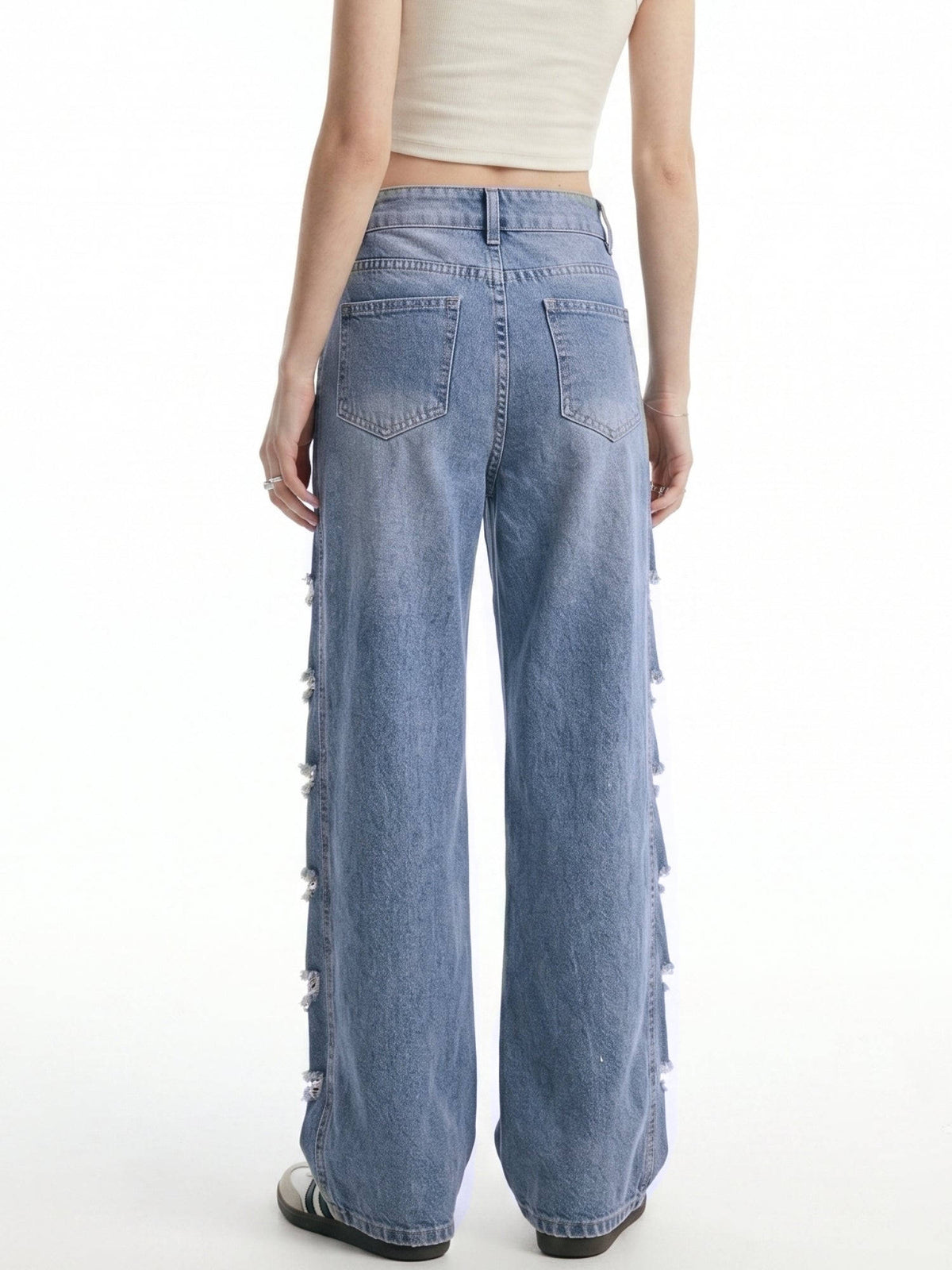 Blue Side Panel Distressed Baggy Fit Denim Jeans | BG78 - view 5
