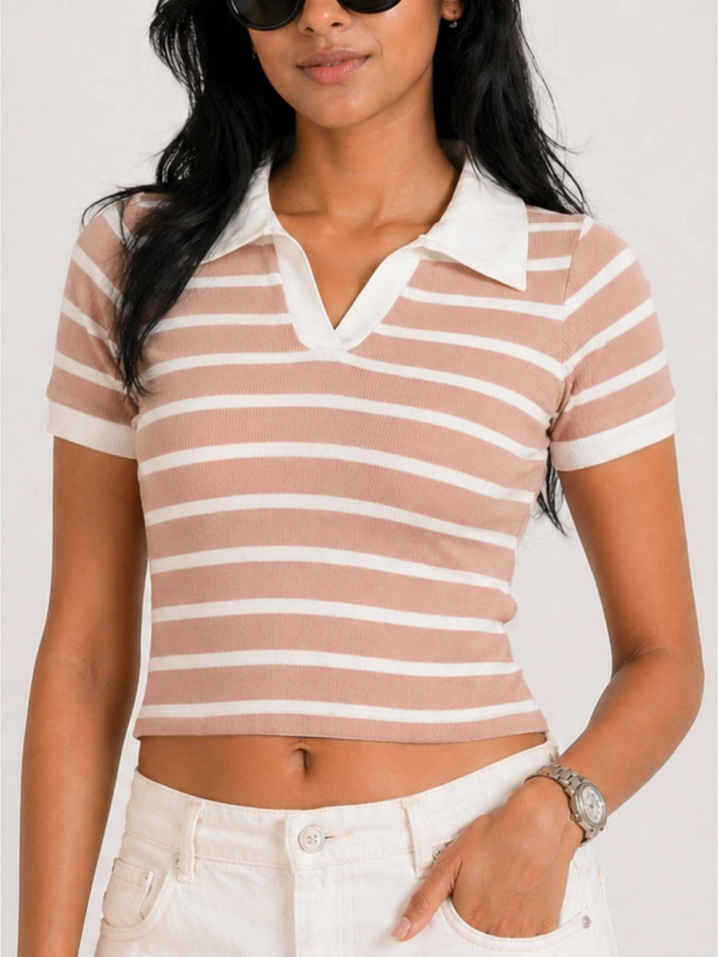 Striped Polo Collar Crop Top | CT61 - view 6