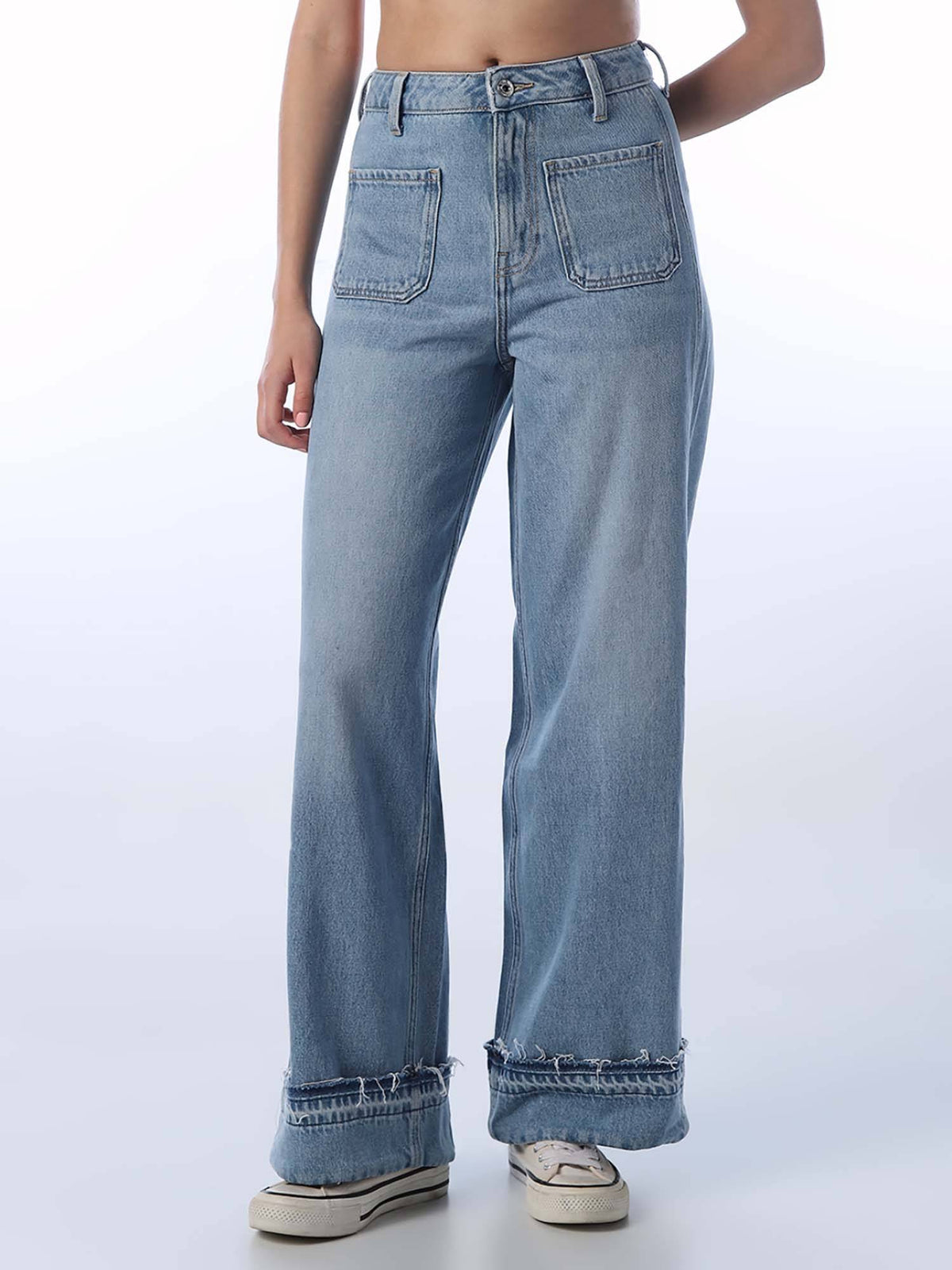 Women Solid Wide Leg High-Rise Blue Jeans | WL90 - view 1