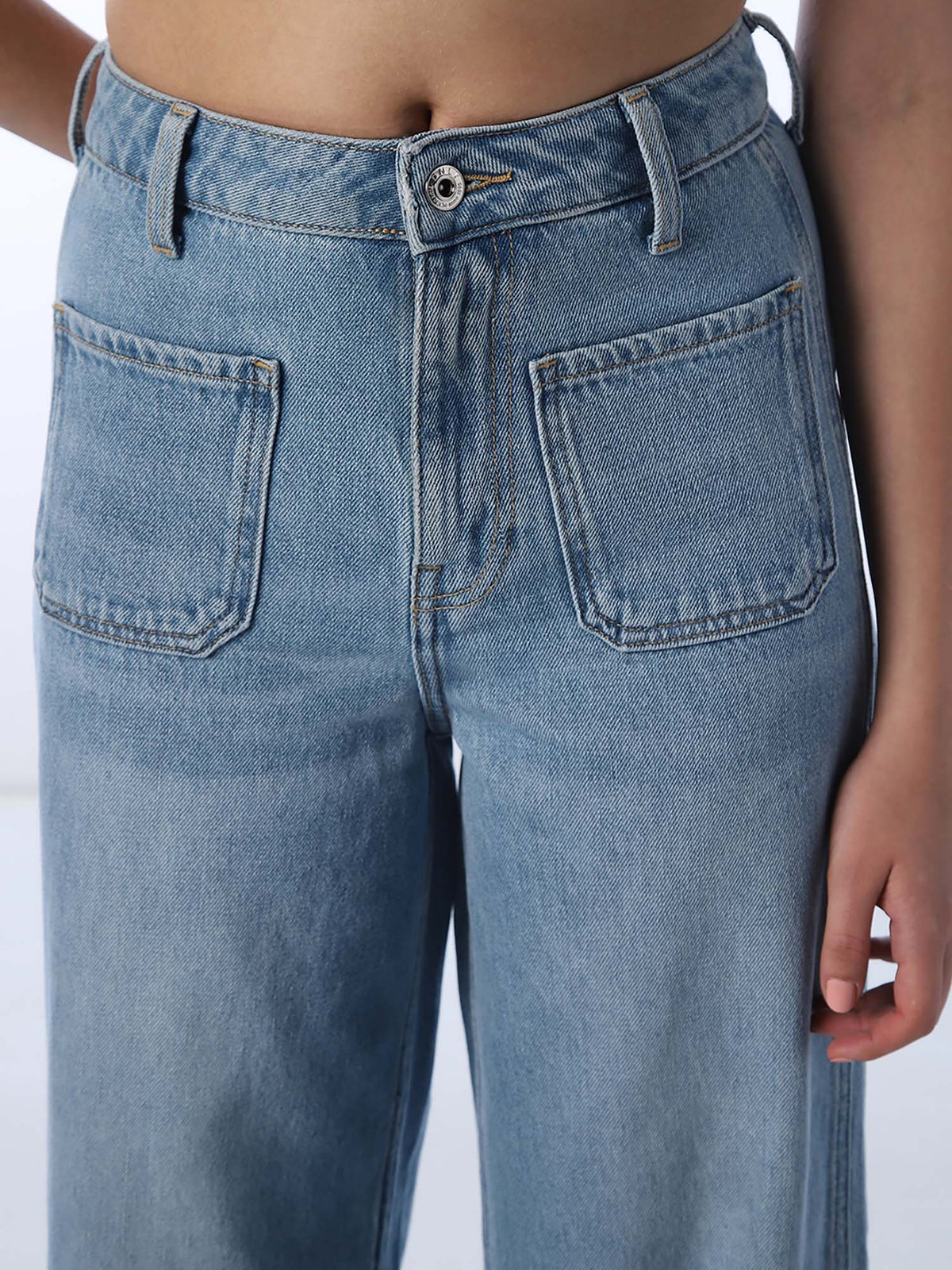 Women Solid Wide Leg High-Rise Blue Jeans | WL90 - view 3