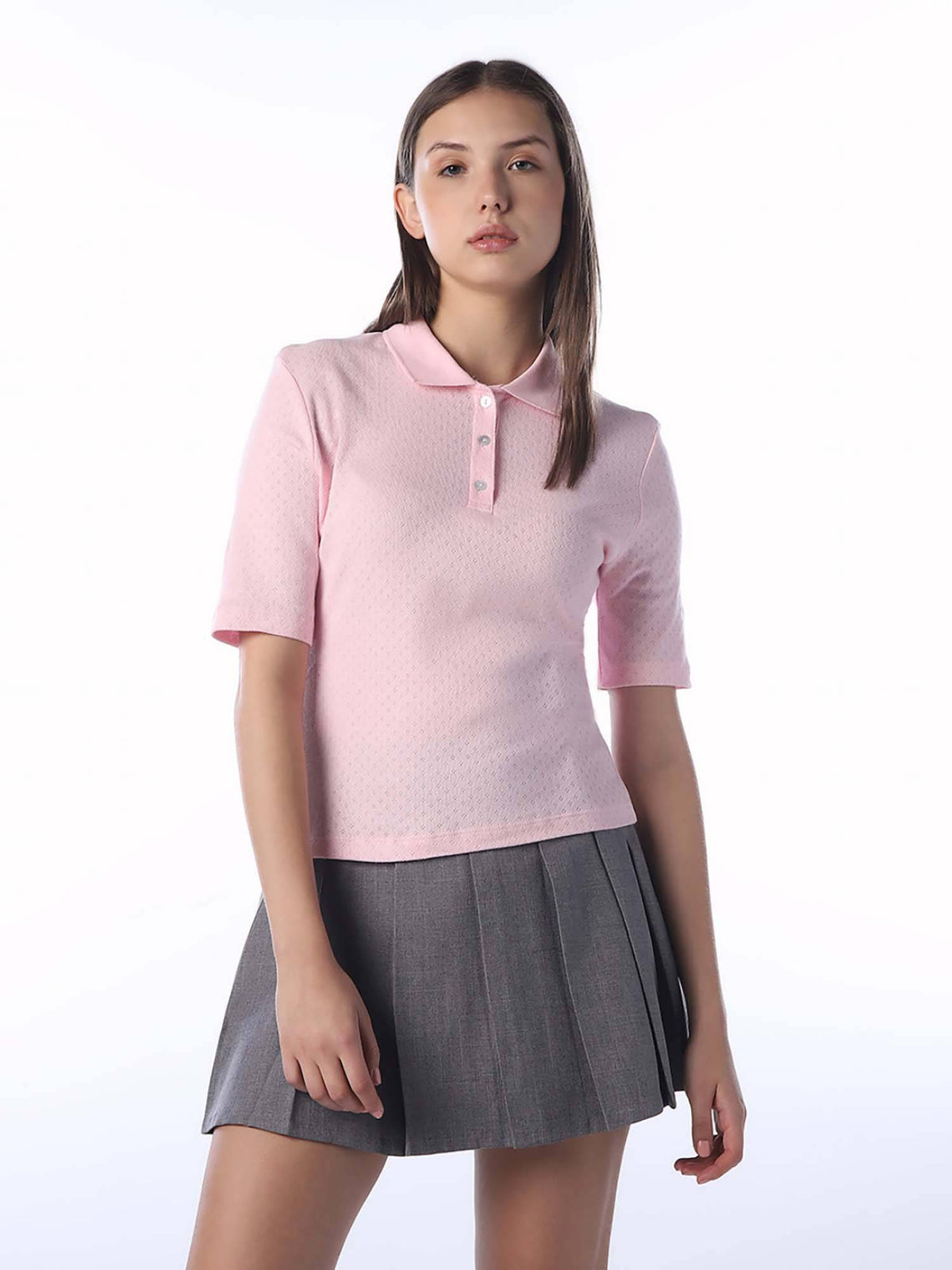 Women Self Design Regular Fit Pink Polo T-Shirt | O24 - view 1