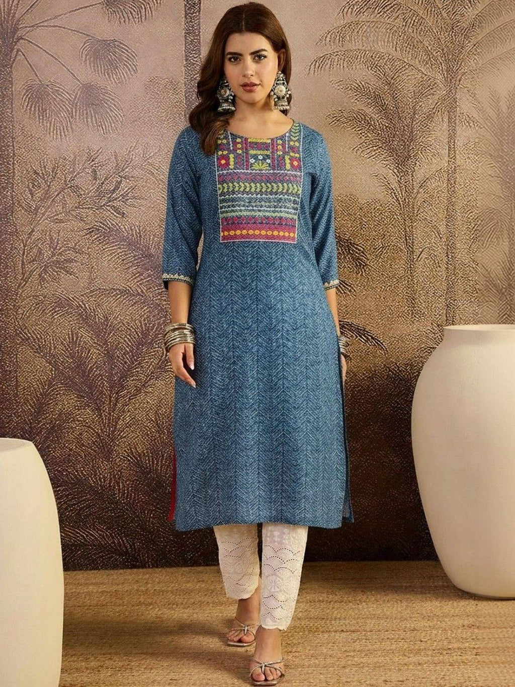 Printed Cotton Round Neck Knee Length Straight Kurta | KDG - view 1