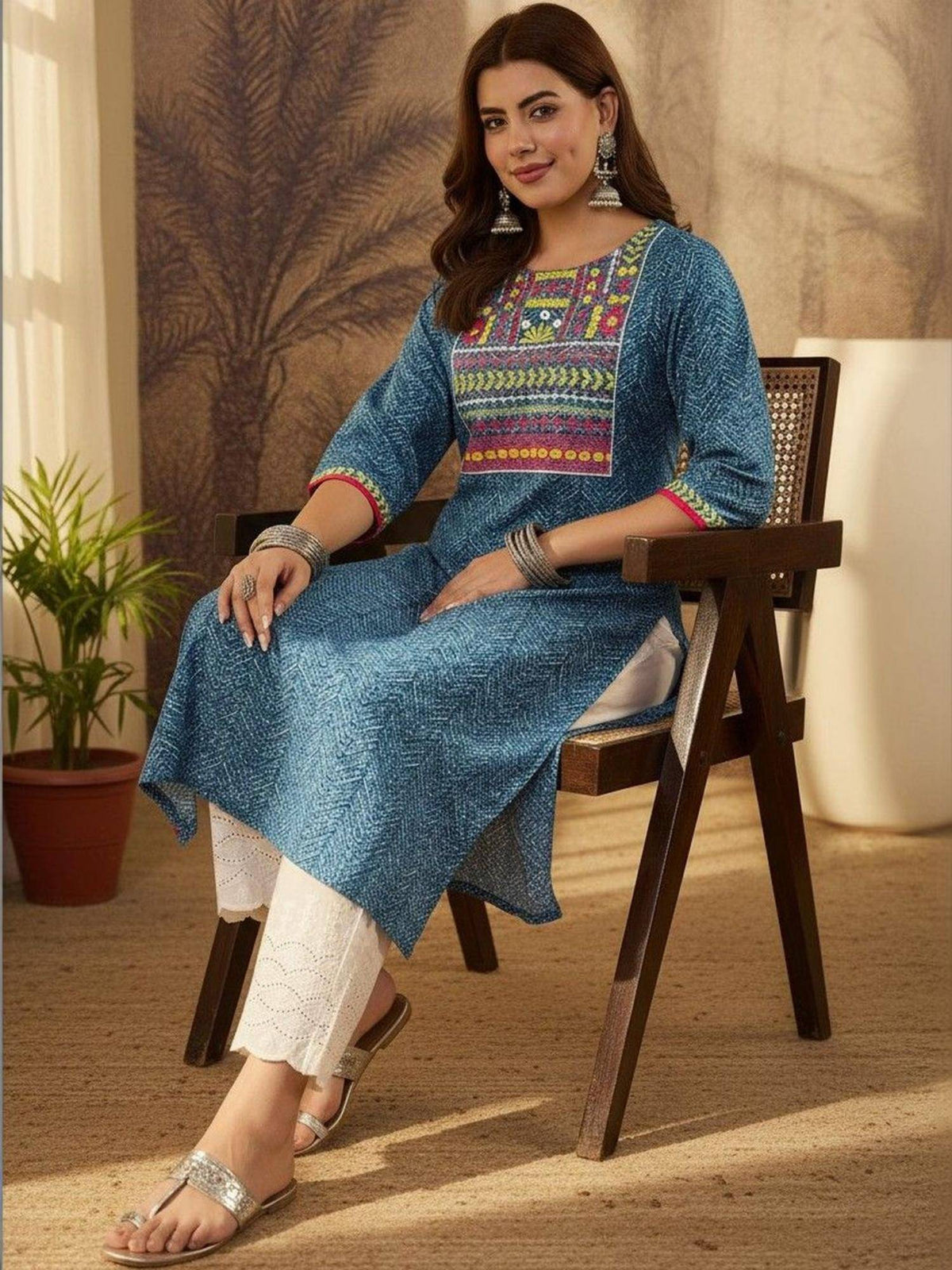 Printed Cotton Round Neck Knee Length Straight Kurta | FY93 - view 5
