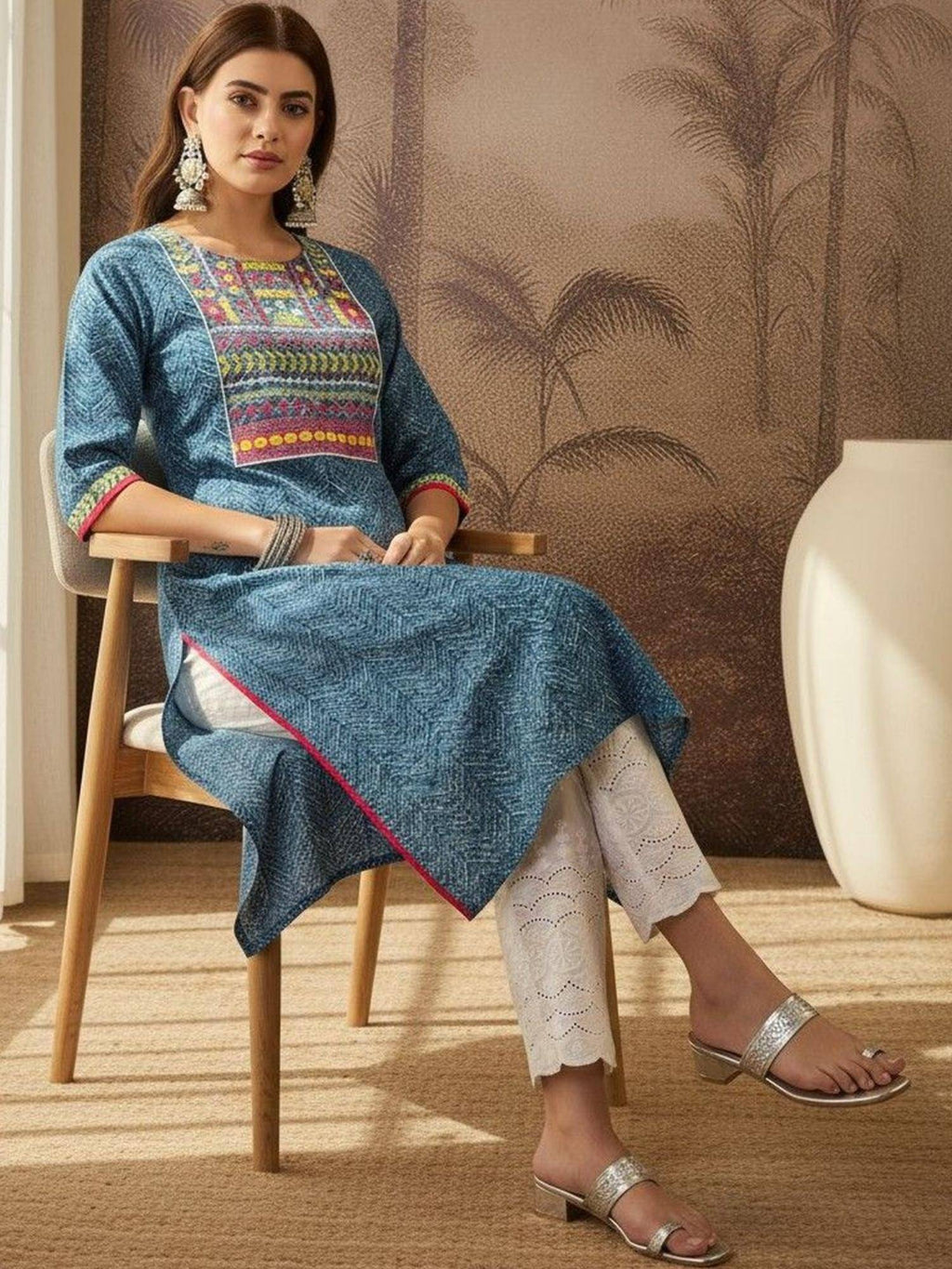 Printed Cotton Round Neck Knee Length Straight Kurta | KDG - view 6