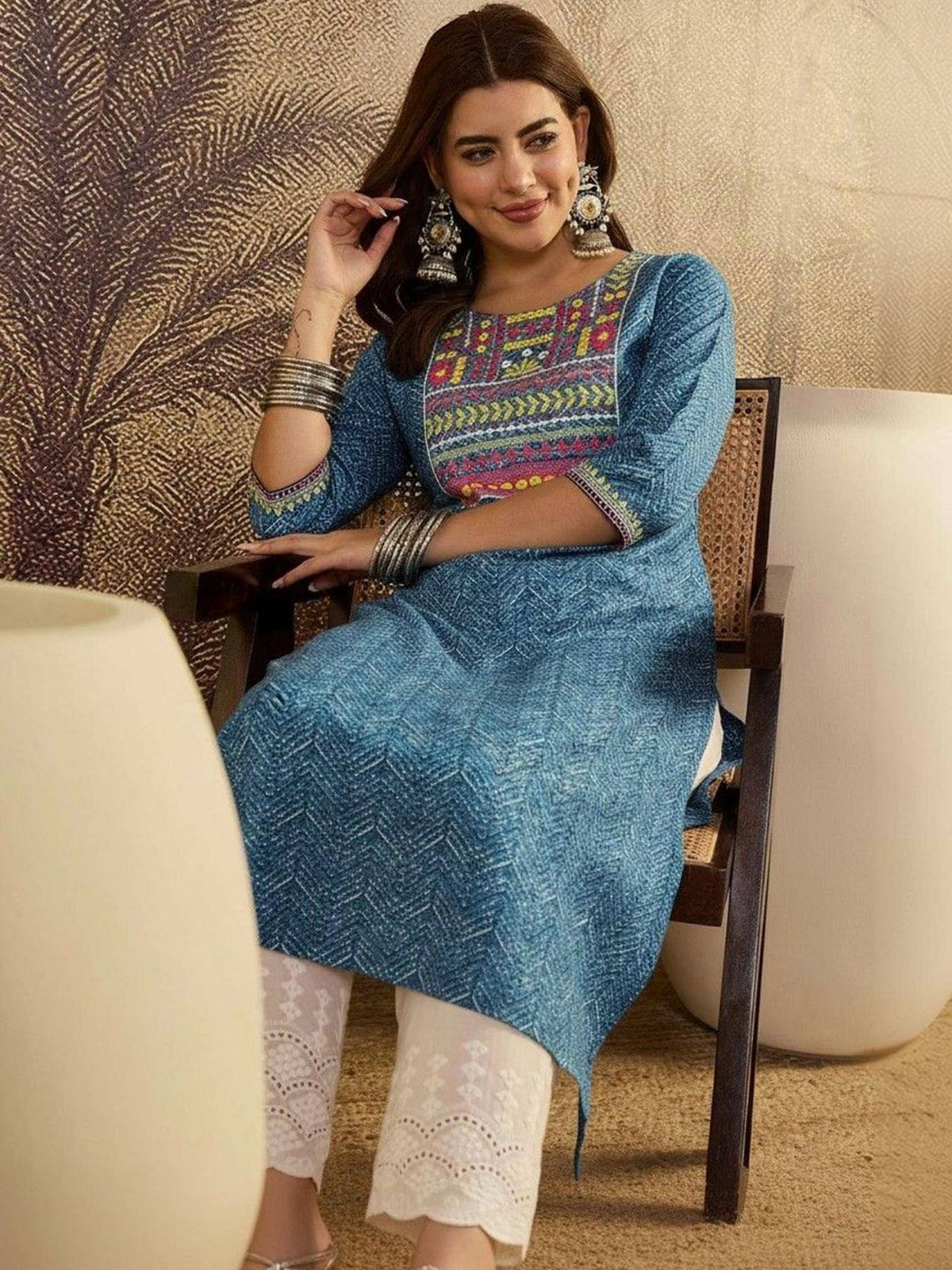 Printed Cotton Round Neck Knee Length Straight Kurta | KDG - view 7