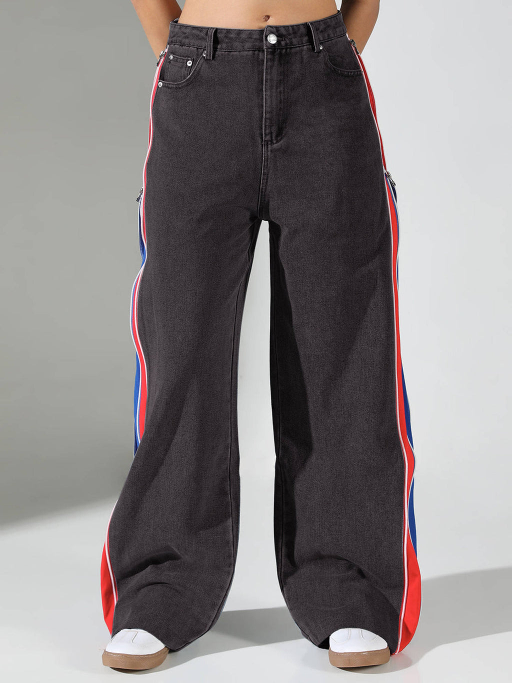 Edition Women Black Solid Baggy Jeans with Side Zipper | BG78 - view 1