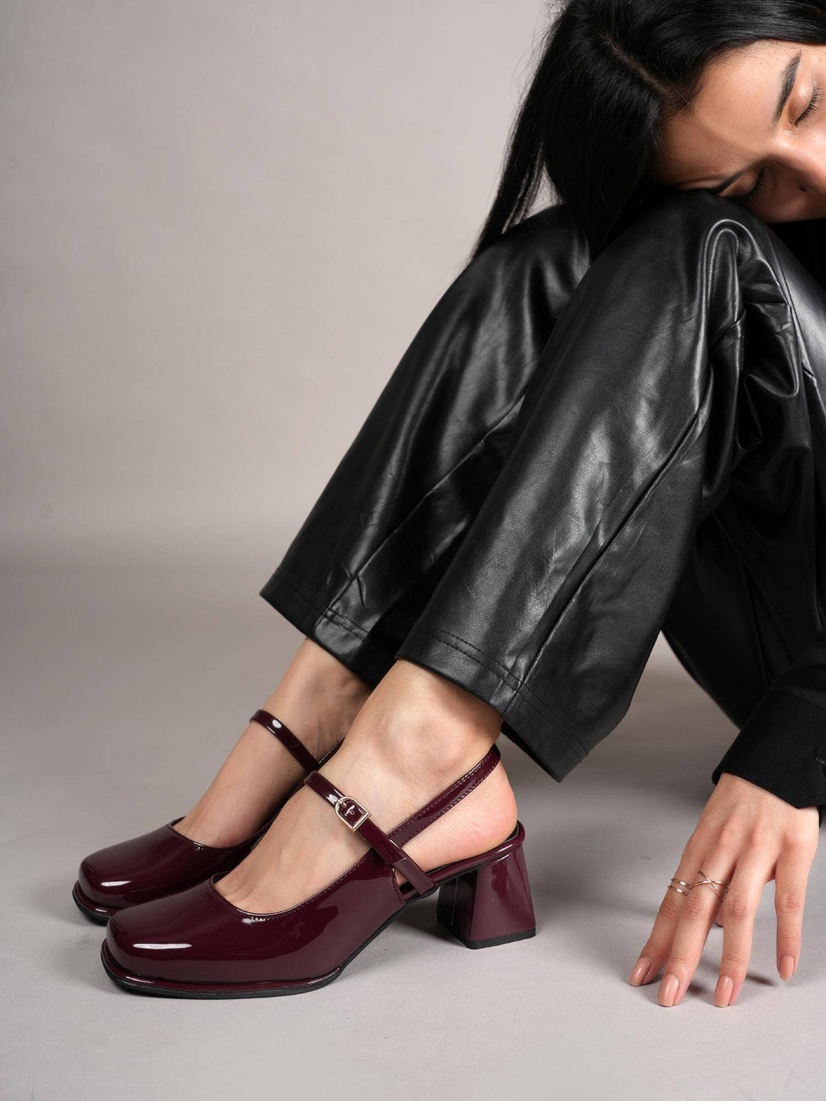 Maroon Square Toe Mary Jane Block Sandal Heels for Women | H78 - view 1