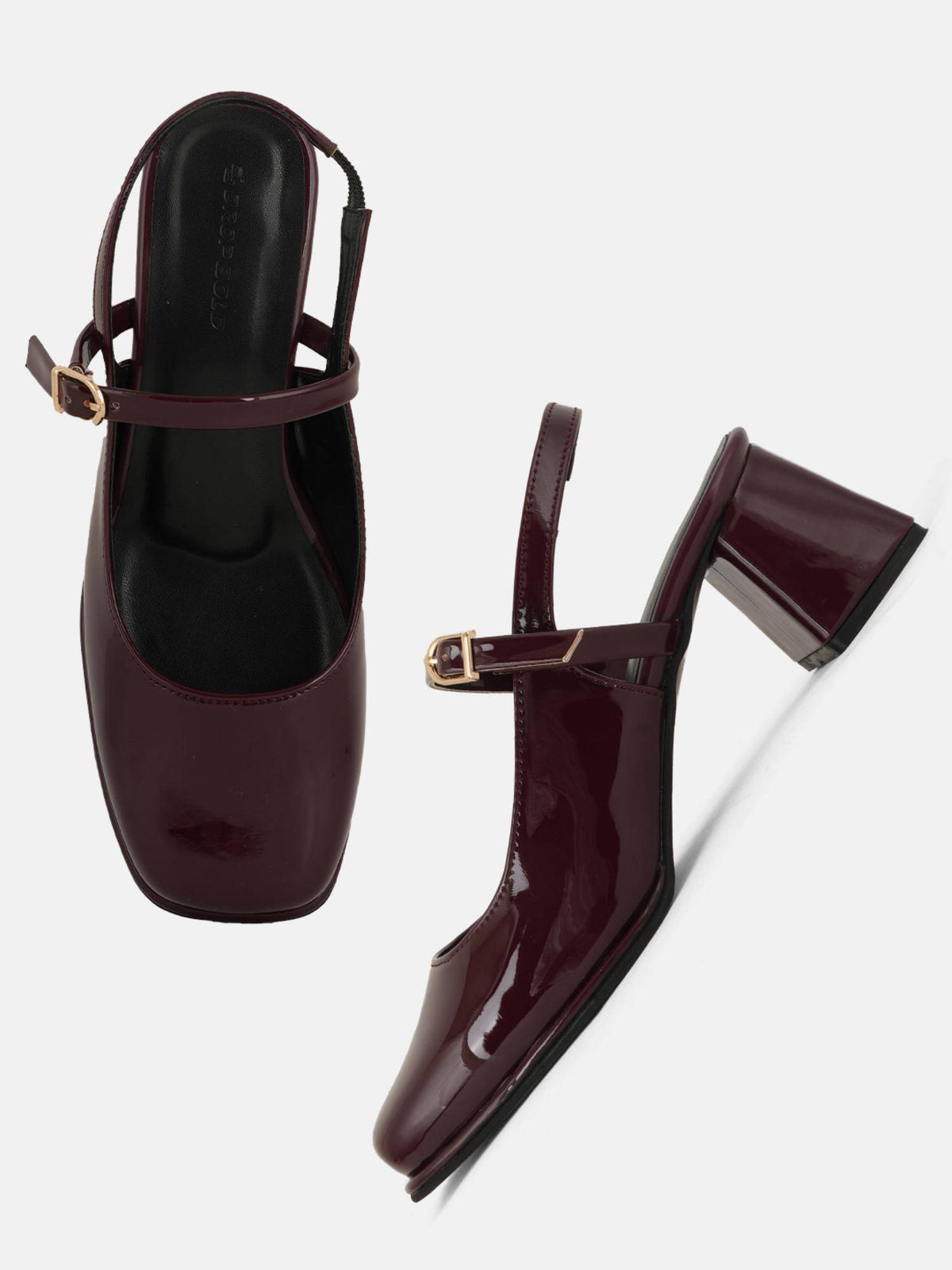 Maroon Square Toe Mary Jane Block Sandal Heels for Women | H78 - view 2