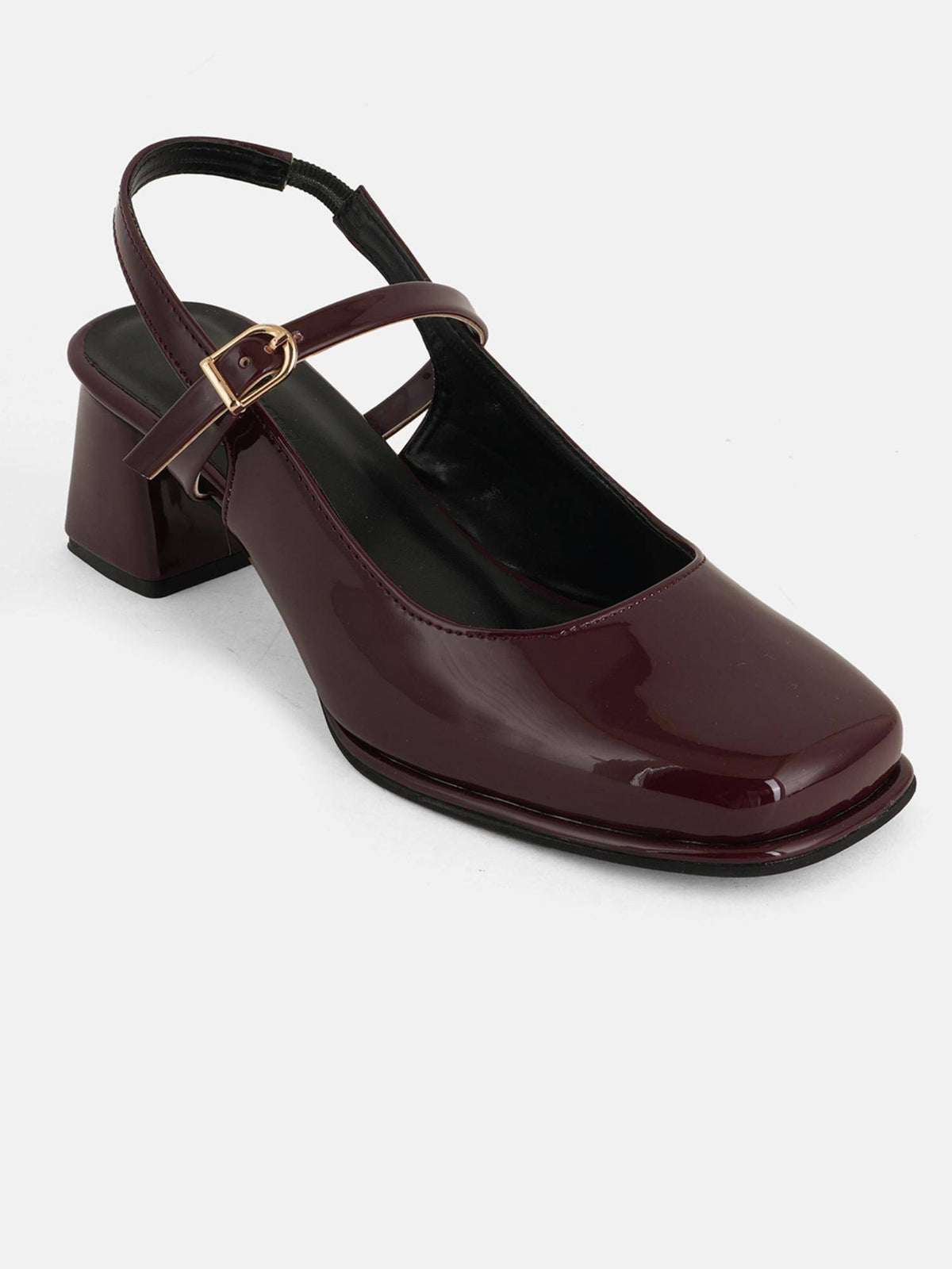 Maroon Square Toe Mary Jane Block Sandal Heels for Women | H78 - view 3