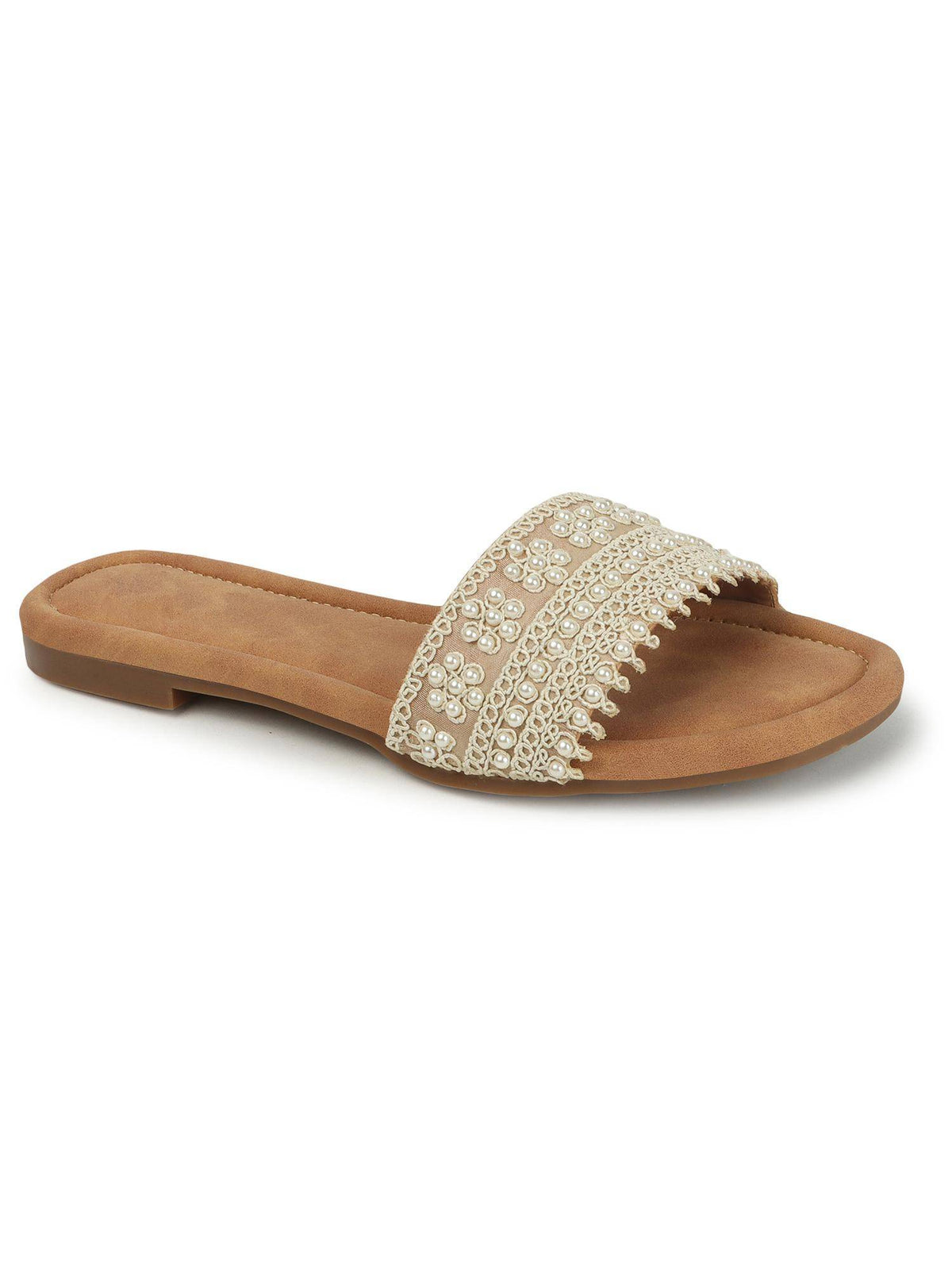 Beige Elegant Pearl Embellished Flats | F61 - view 2