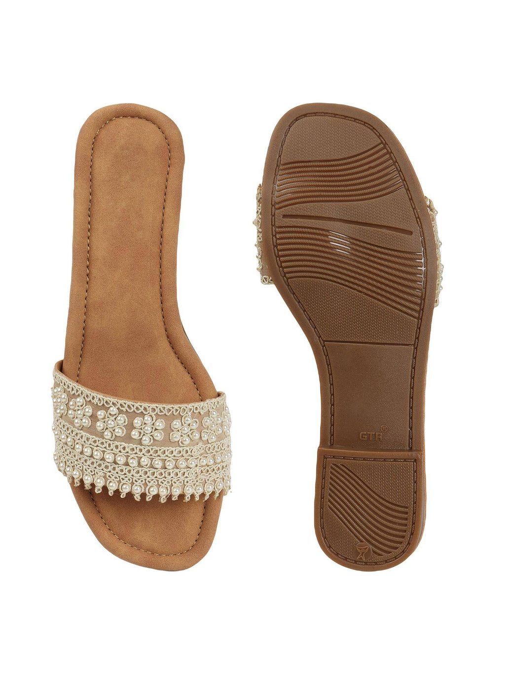 Beige Elegant Pearl Embellished Flats | F61 - view 5