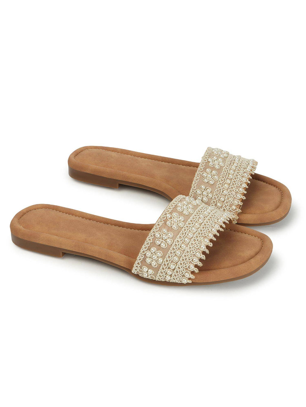 Beige Elegant Pearl Embellished Flats | F61 - view 6