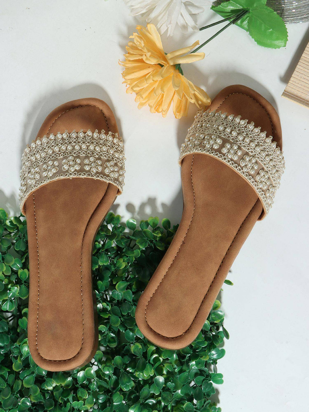Beige Elegant Pearl Embellished Flats | F61 - view 7