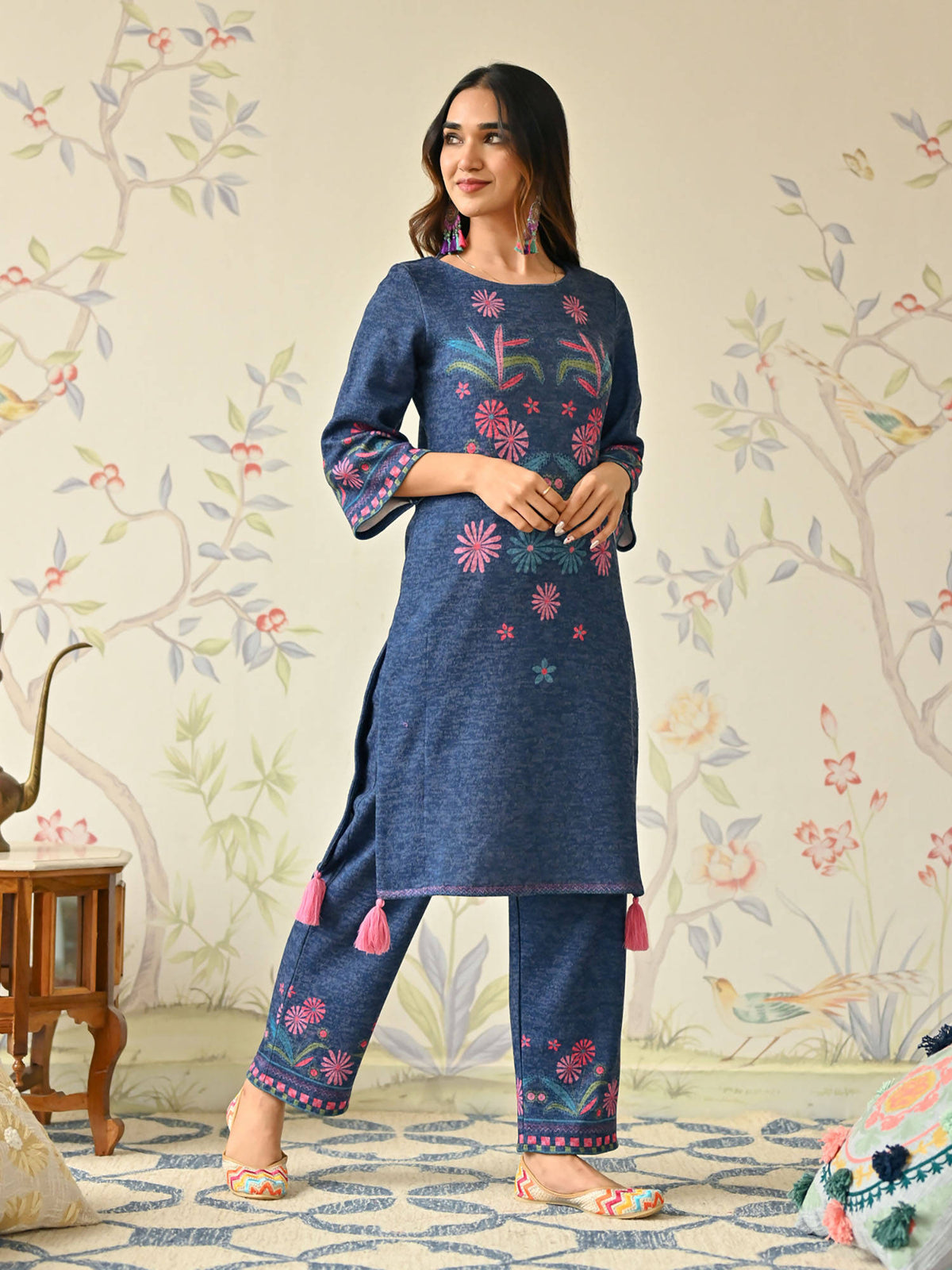 Blue Tribal Woollen Kurta with Tassel Detailing | U3S - view 2