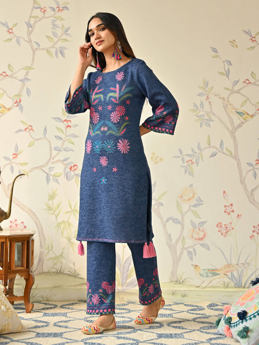 Blue Tribal Woollen Kurta with Tassel Detailing | U3S - view 4