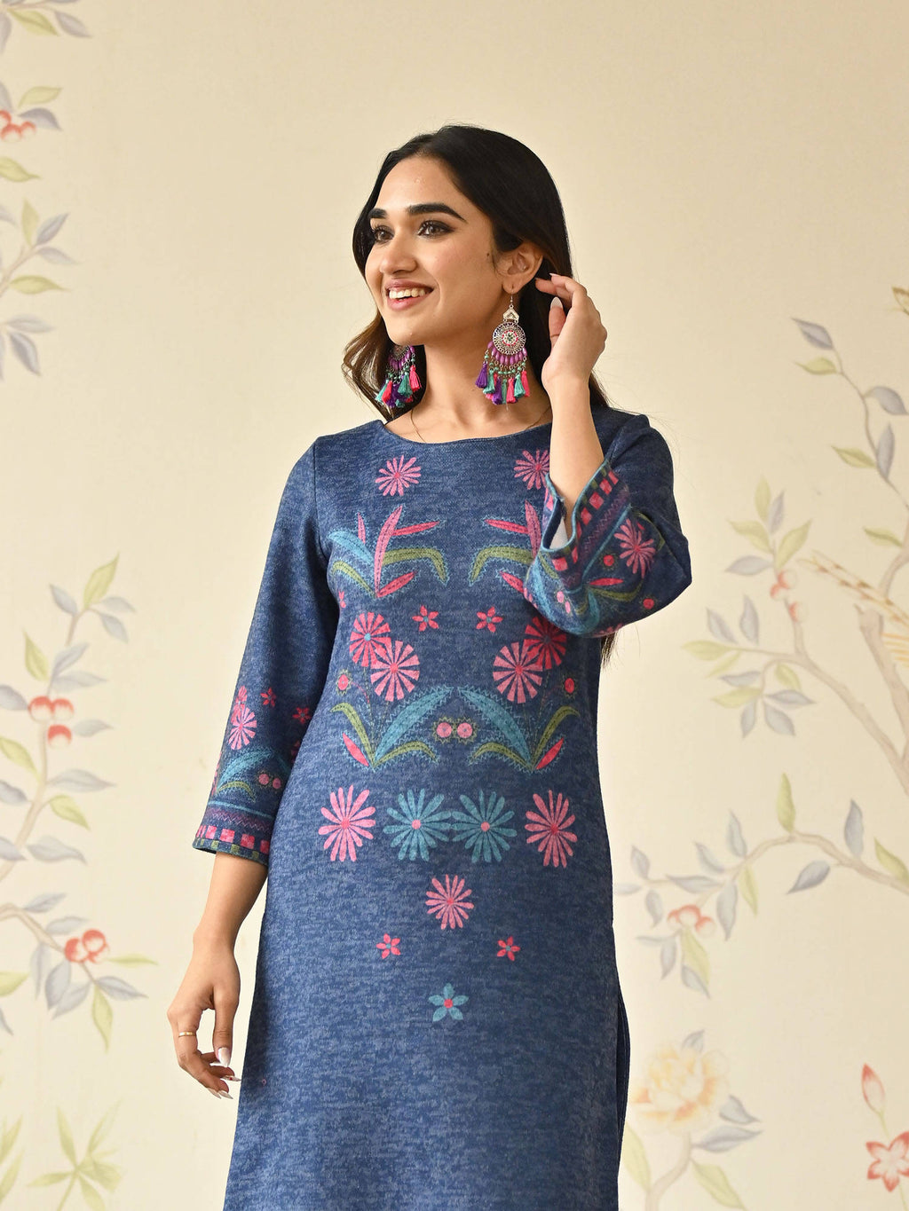 Blue Tribal Woollen Kurta with Tassel Detailing | KDG - view 5