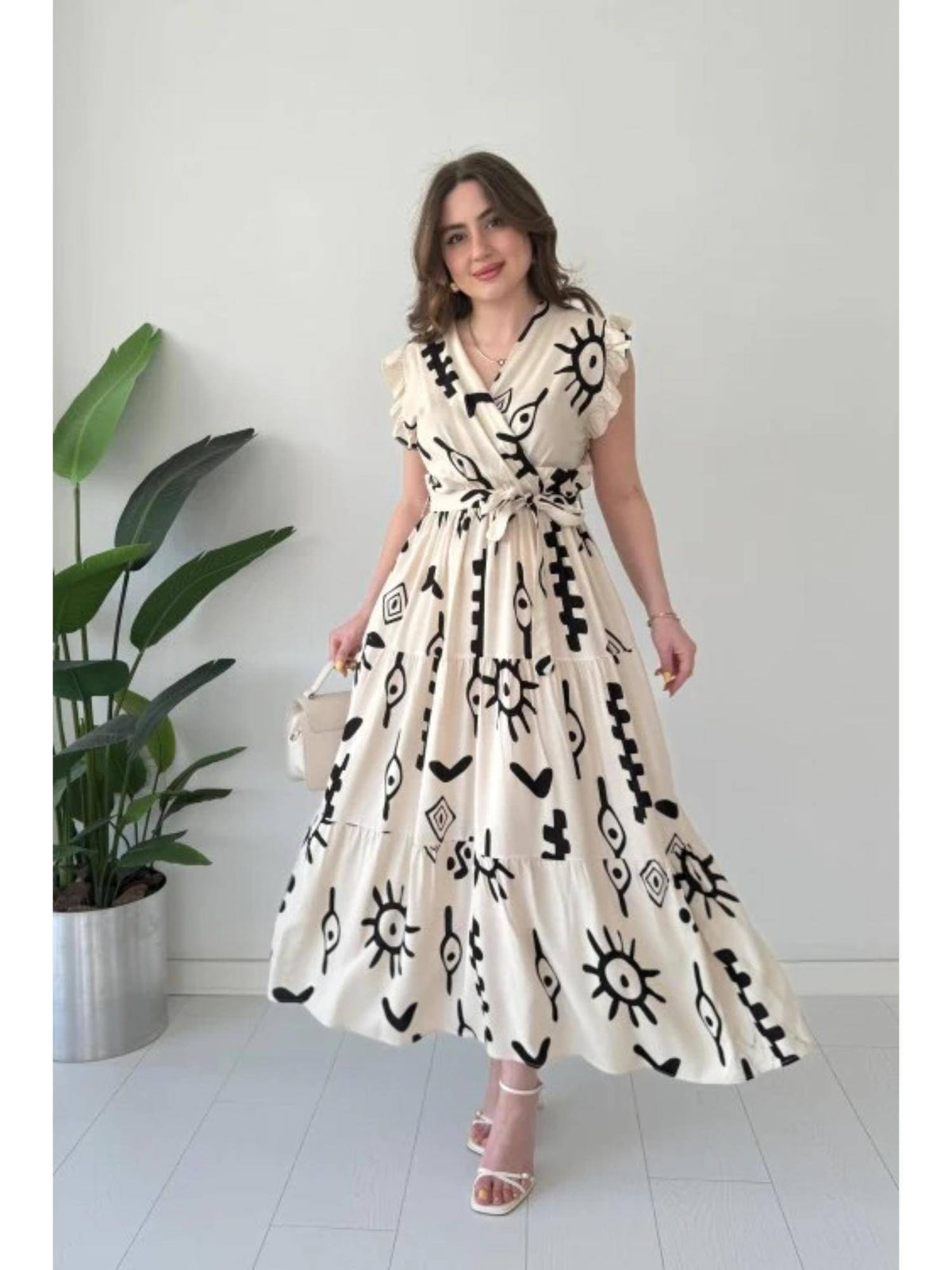 Womens Graphic White Dress with Belt | D56 - view 1