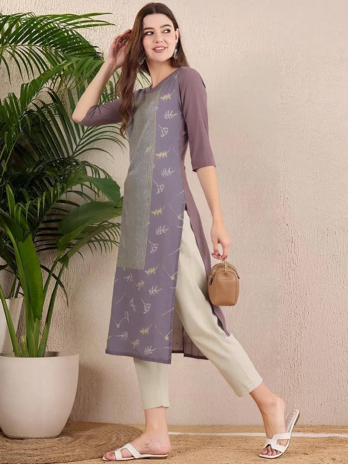 Women Stylish Crepe Printed Straight Kurta - Mauve | U3S - view 2