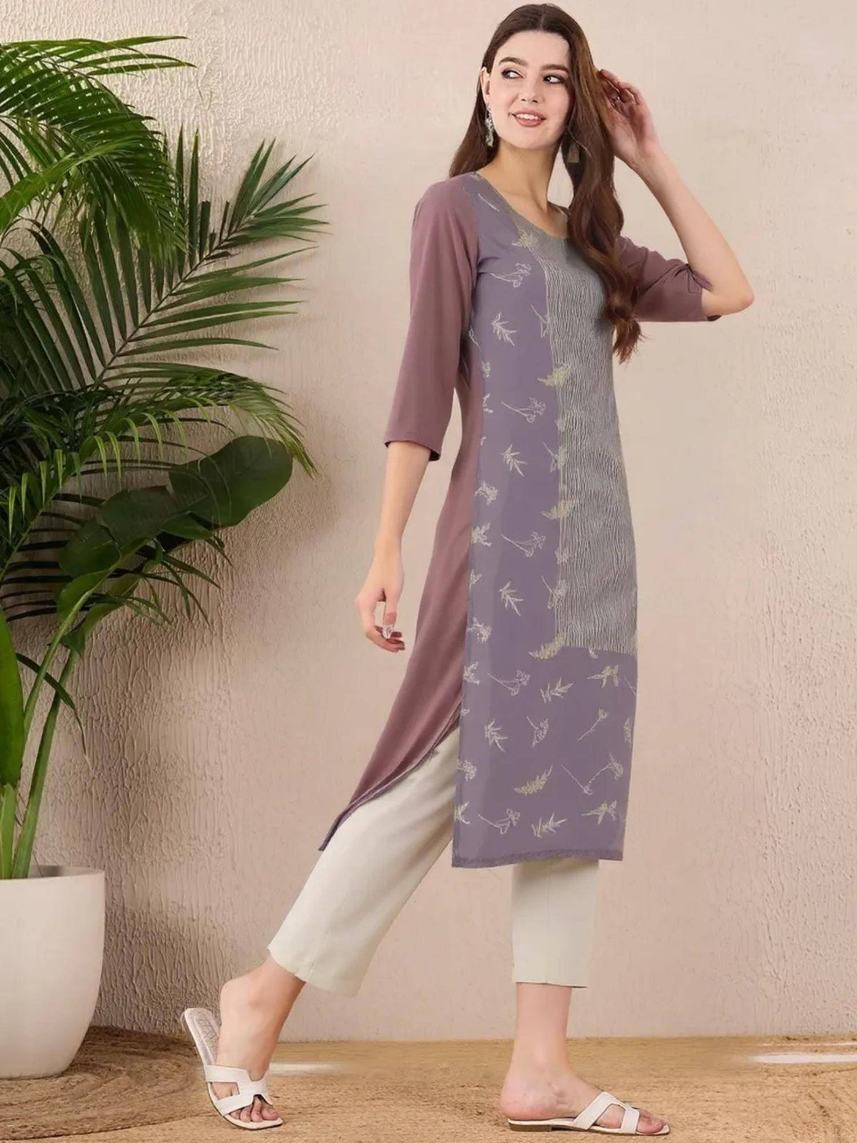 Women Stylish Crepe Printed Straight Kurta - Mauve | FY93 - view 3