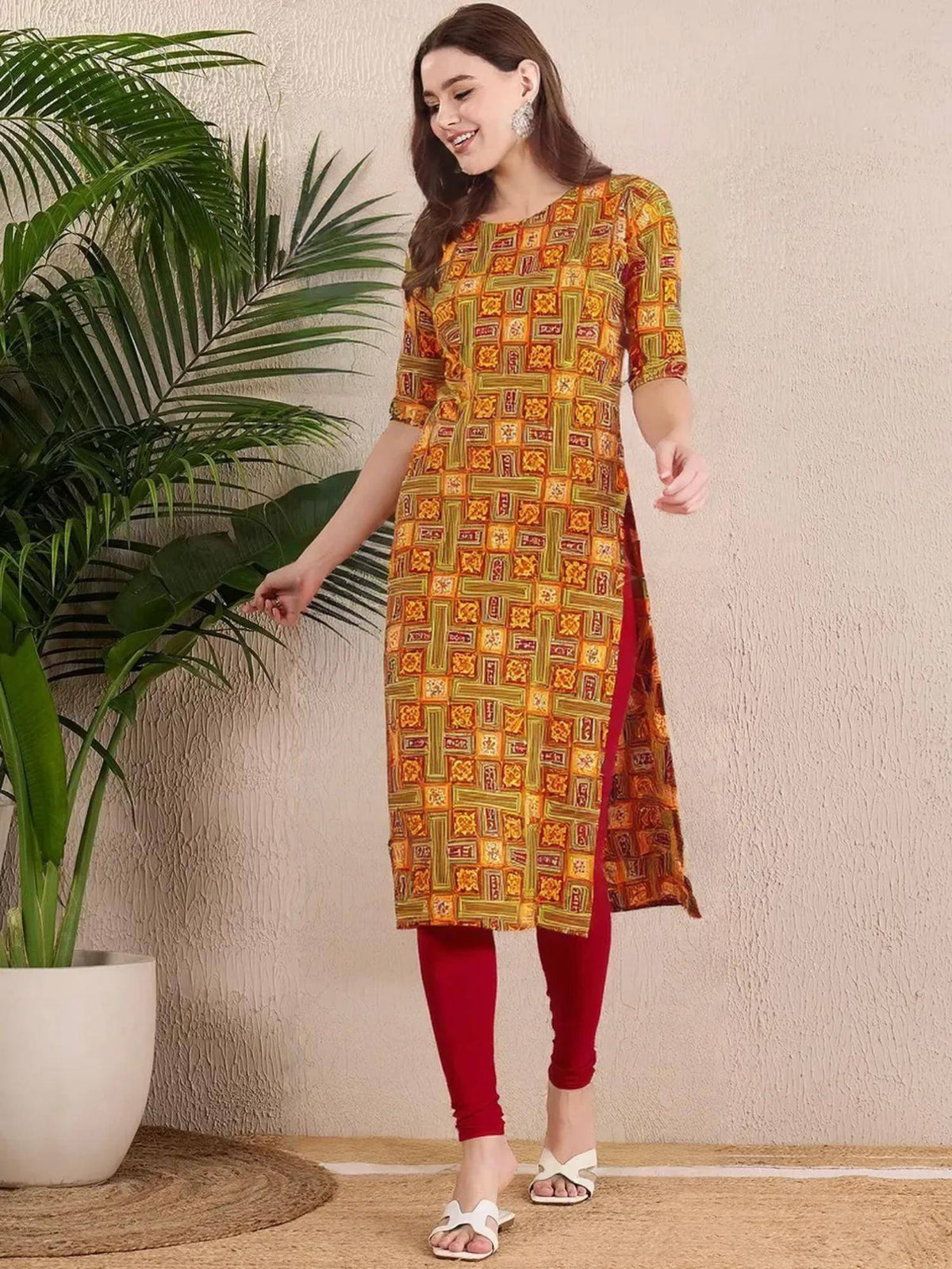 Women Stylish Crepe Printed Straight Kurta - Olive | FY93 - view 1