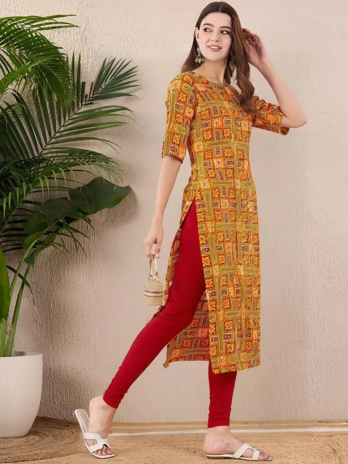 Women Stylish Crepe Printed Straight Kurta - Olive | FY93 - view 3