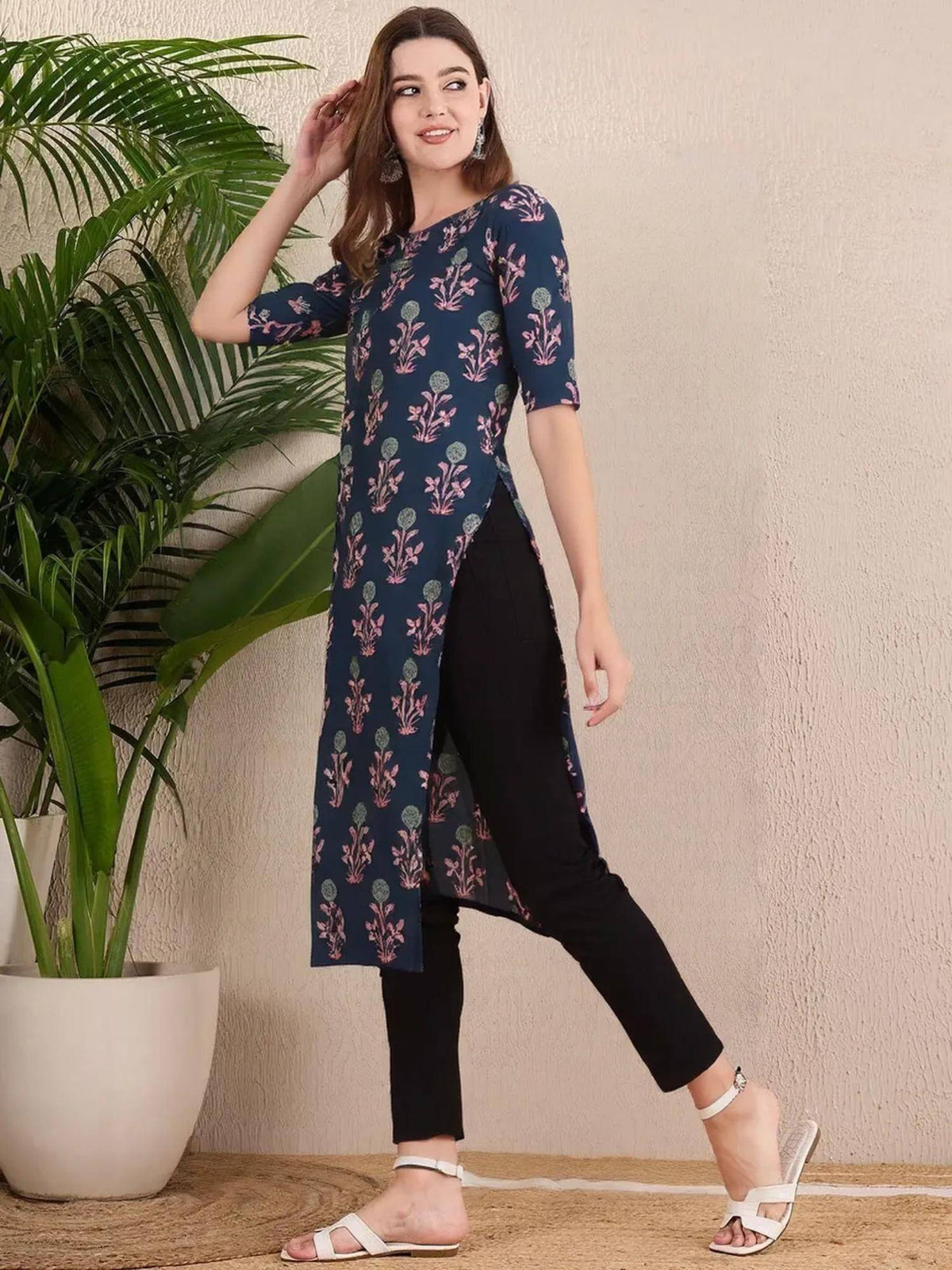 Women Stylish Crepe Printed Straight Kurta - Blue | U3S - view 2