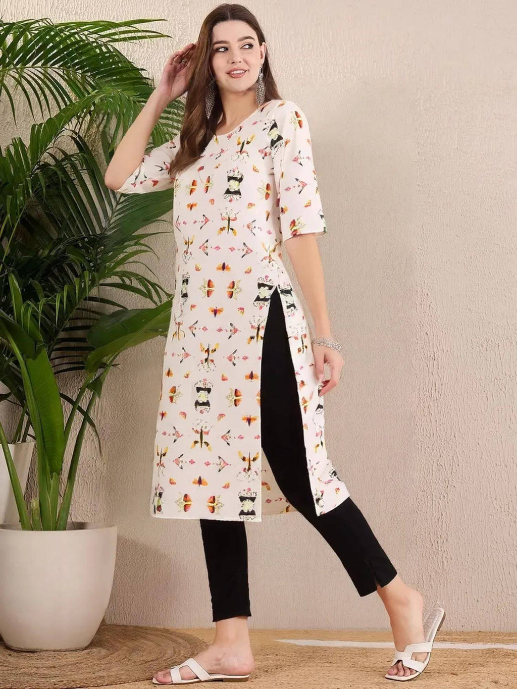 Women Stylish Crepe Printed Straight Kurta - White | KDG - view 2