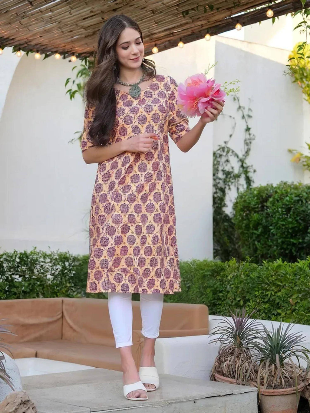 Women Stylish Crepe Printed Straight Kurta - Beige | FY93 - view 2