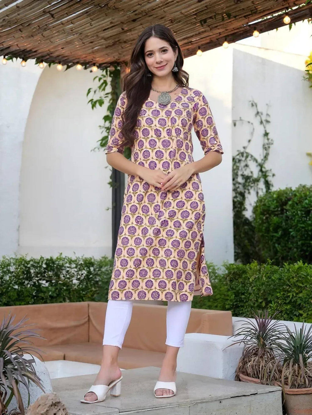 Women Stylish Crepe Printed Straight Kurta - Beige | FY93 - view 3