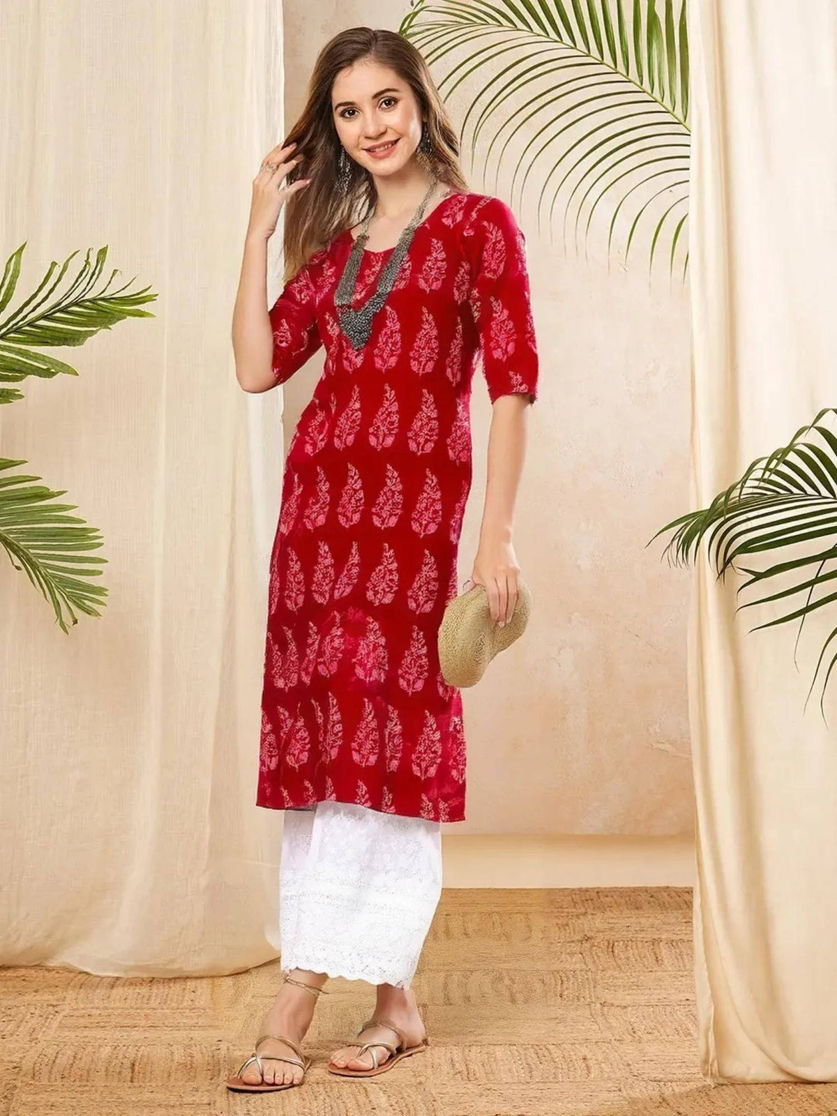 Women Stylish Crepe Printed Straight Kurta - Red | FY93 - view 1